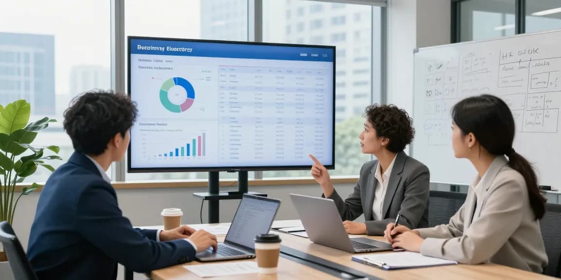 Team discussing business electricity half hourly meter data in a bright conference room