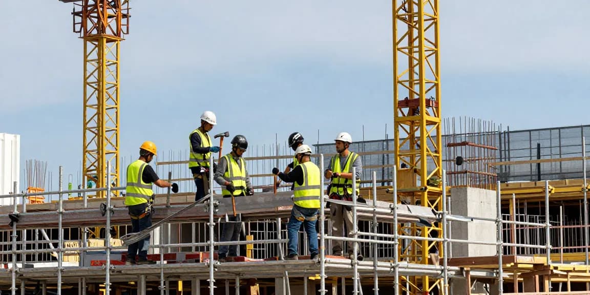 Commercial scaffolding installation at a busy construction site with workers collaborating, showcasing safety and professionalism.