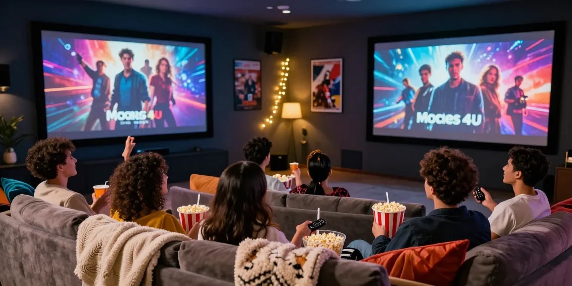 Friends enjoying a movie night with Movies 4u's latest releases in a cozy home theater setting.
