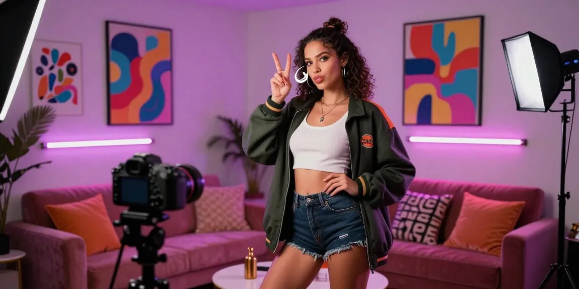 Stunning model showcasing modern NSFW AI content creation in vibrant studio.