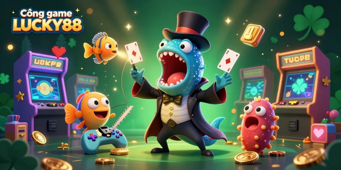 Experience the thrill with Cổng game LUCKY88 as characters perform dazzling magic tricks in a vibrant arcade setting.