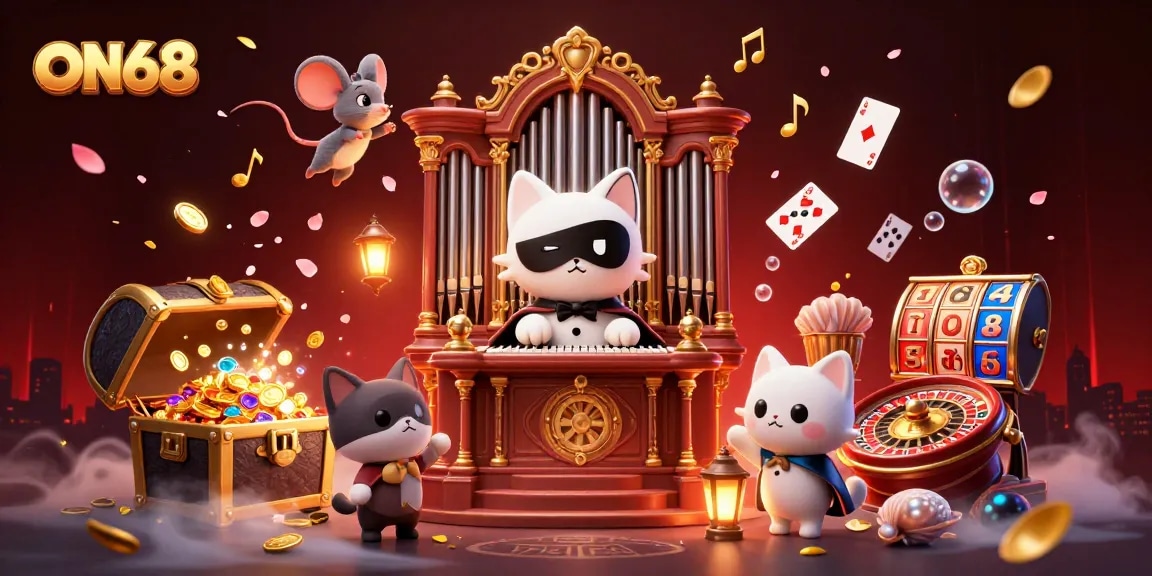 Experience ON68's captivating gaming world with a 3D illustration of a phantom cat at a casino organ.