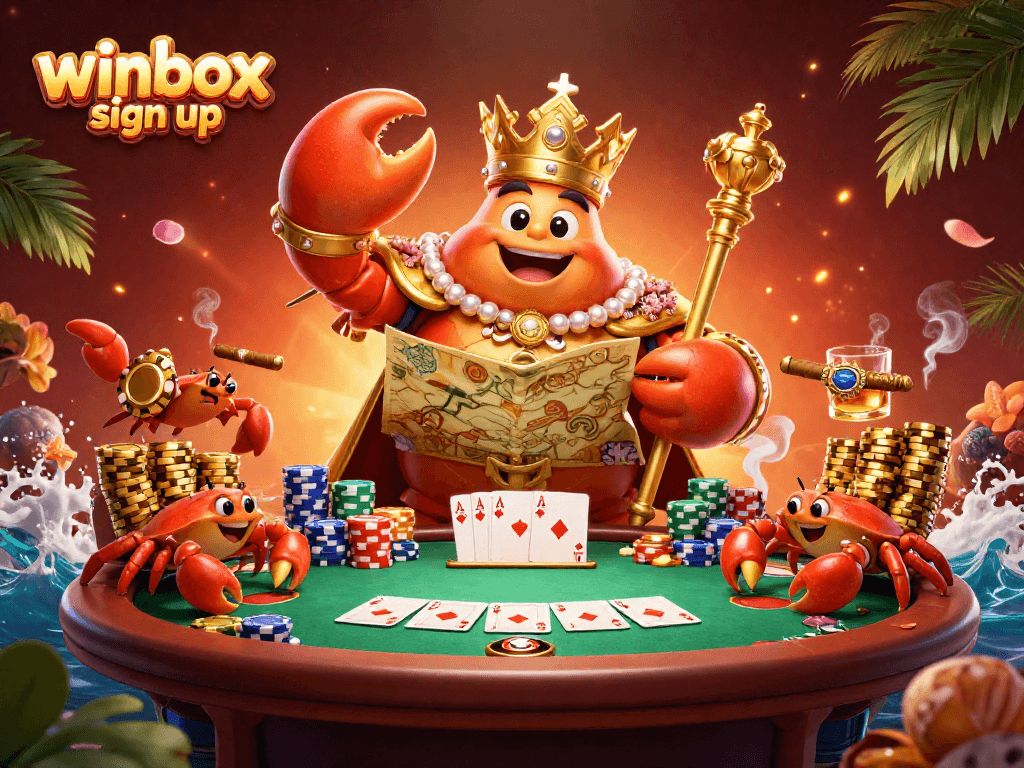 Join the excitement with winbox sign up for a vibrant casino experience featuring a regal crab emperor.