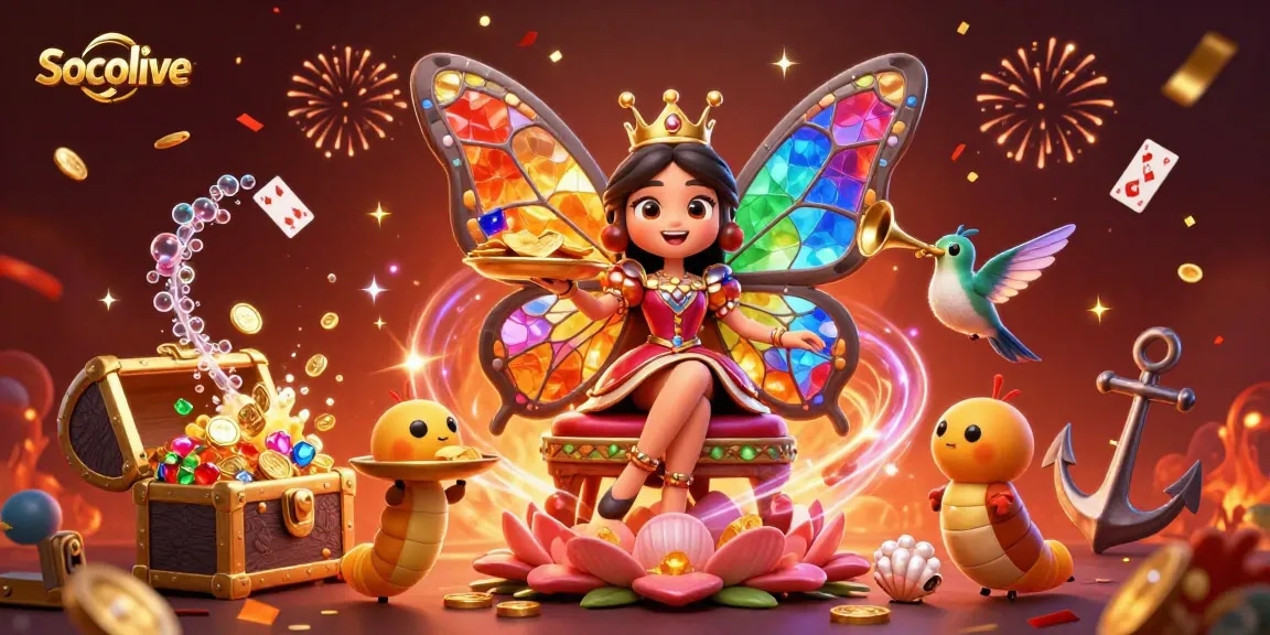 Socolive captivates viewers with a vibrant, whimsical gambling scene showcasing a butterfly queen amidst riches and excitement.