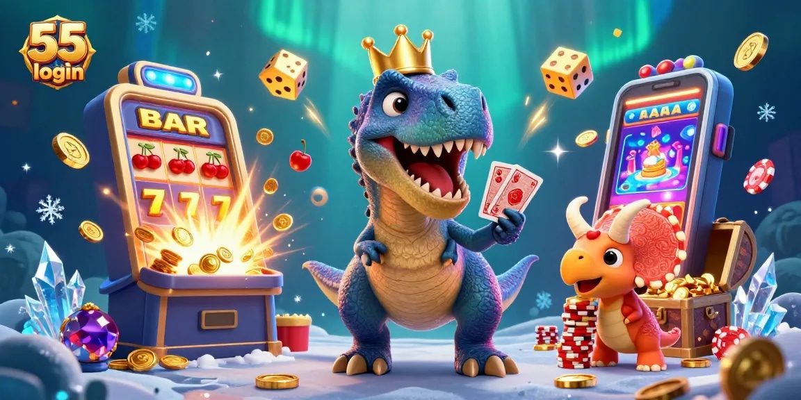 Engage with the exciting 55 club login scene showcasing a colorful jackpot explosion and dynamic characters.