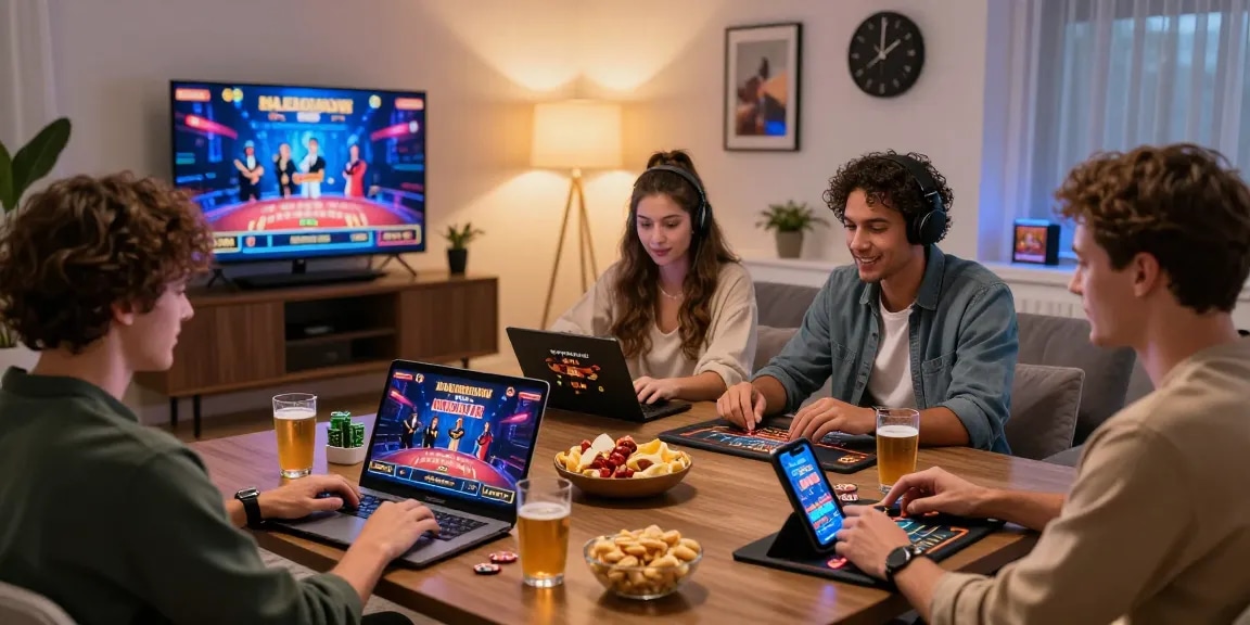 Players enjoying games in cozy room showcasing the best non UK casinos experience with modern devices and vibrant atmosphere.