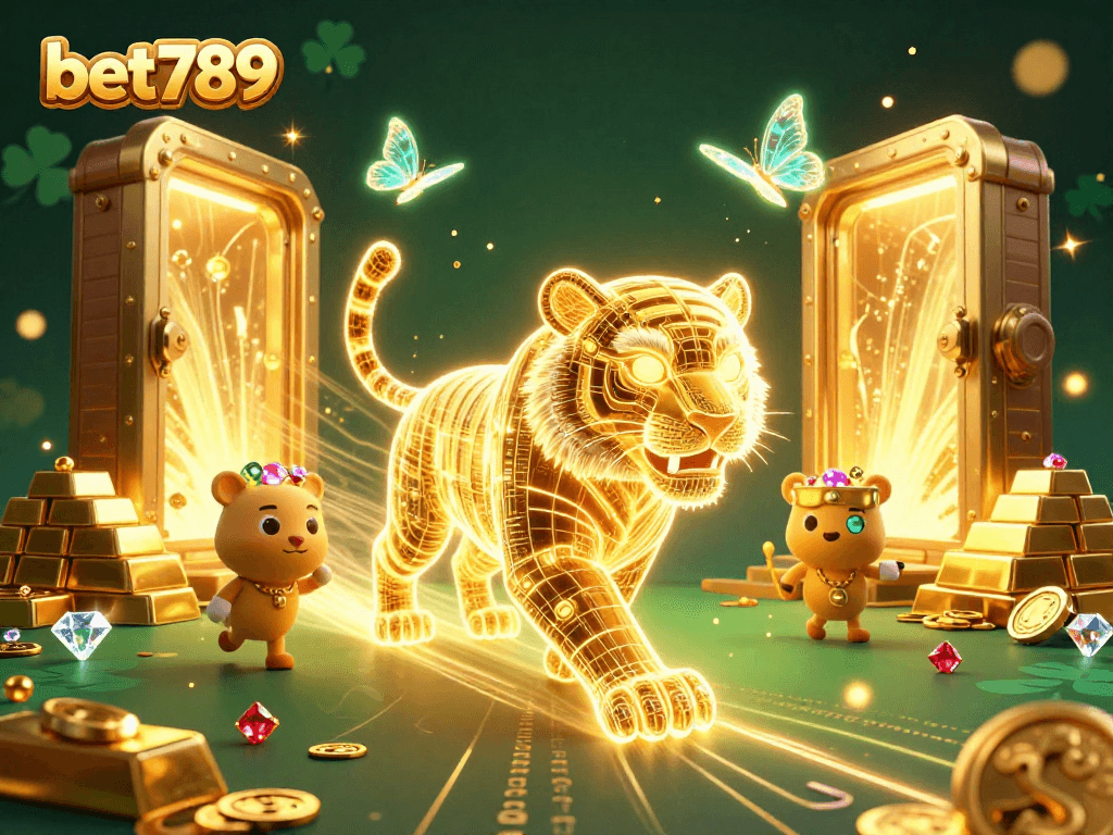 Experience exciting gameplay at bet789 with a golden tiger and sparkling treasures highlighting the casino adventure.