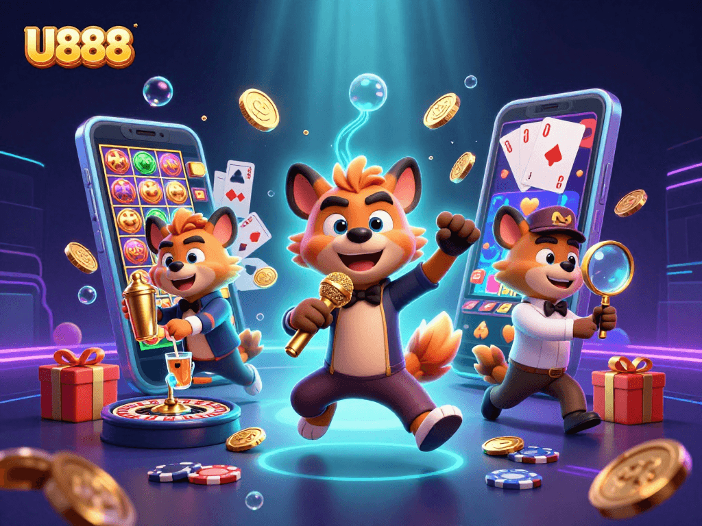 U888 showcases a vibrant gambling scene with hyenas in a comedy casino club setting.