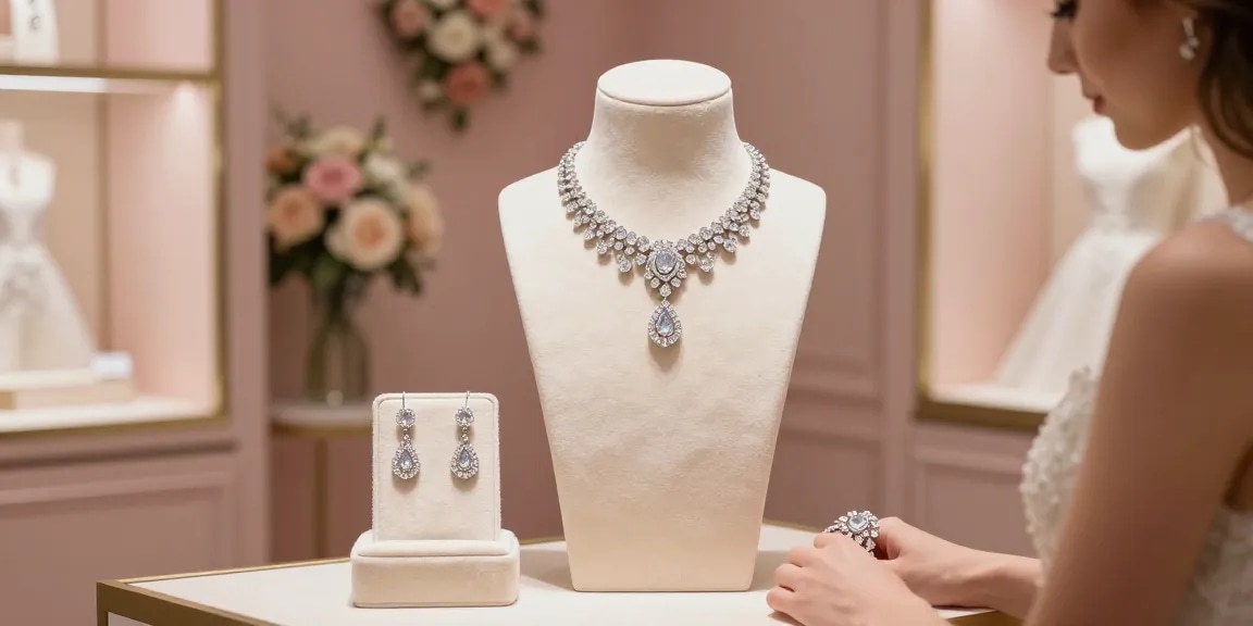 luxury bridal jewellery showcased in an elegant boutique with a bride trying on a diamond necklace