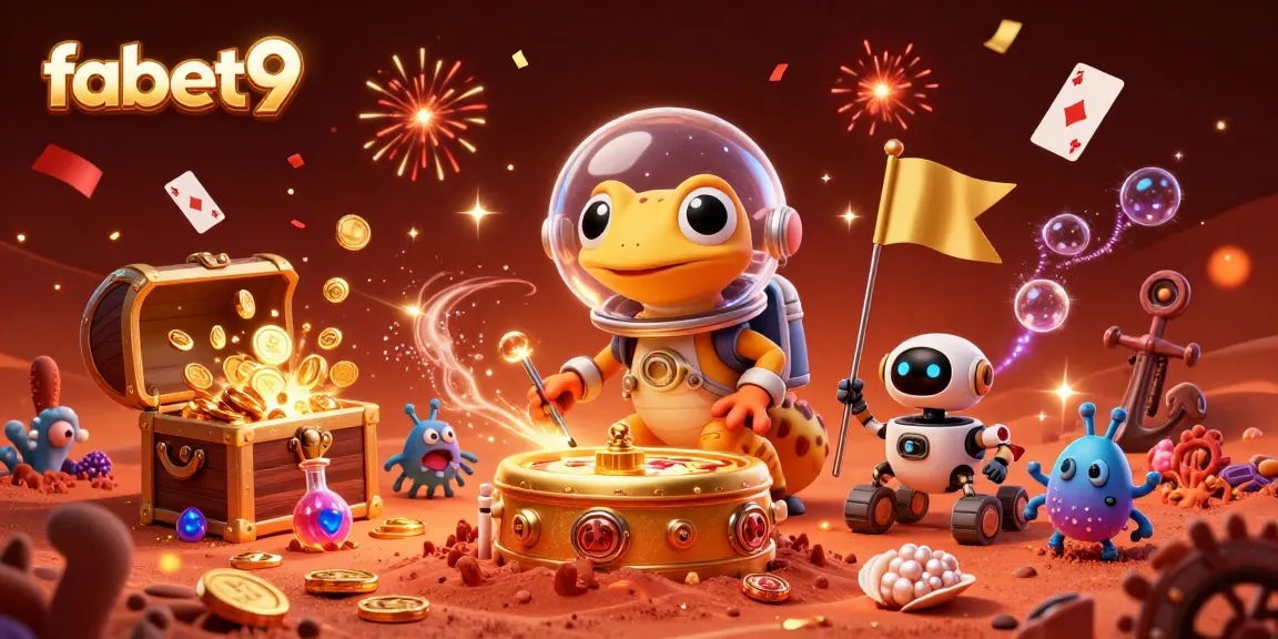 fabet9 showcases a 3D Martian gecko exploring a golden casino with vibrant alien elements.