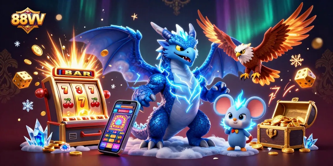 Experience the excitement of 88VV with a dynamic casino scene featuring vibrant characters and slot machines.