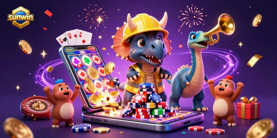 Celebrate wins with sunwin at a casino-themed illustration featuring vibrant gaming elements and fun characters.