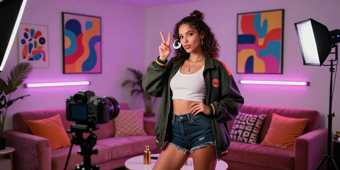 Stunning model showcasing modern NSFW AI content creation in vibrant studio.