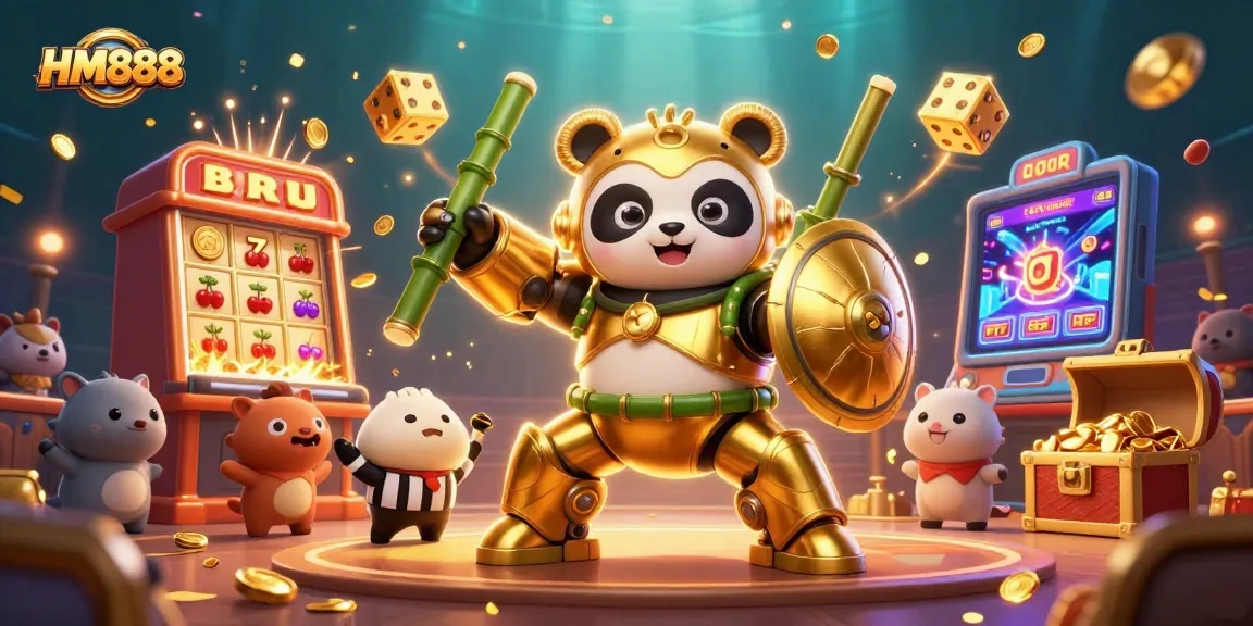 Experience the excitement of HM888 as a golden panda battles in vibrant online casino scenes.