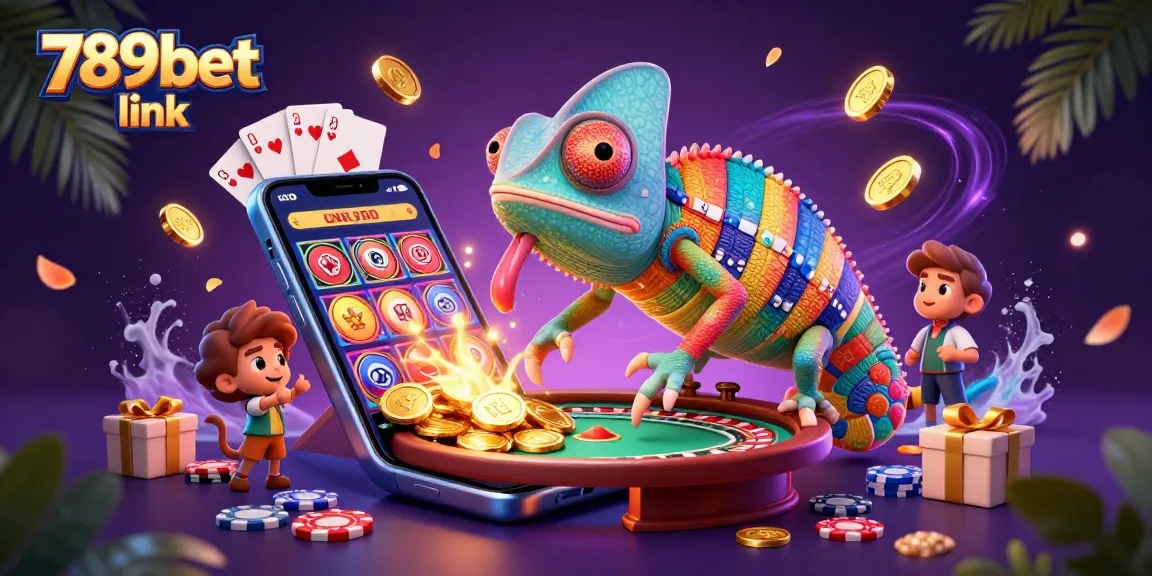 Play games and win big at the vibrant 789bet link casino illustration featuring colorful elements and a chameleon.