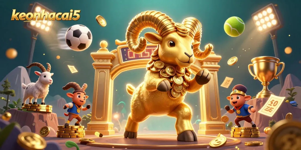 Experience exciting sports action with keonhacai5, showcasing a golden ram and dynamic betting elements in a captivating illustration.