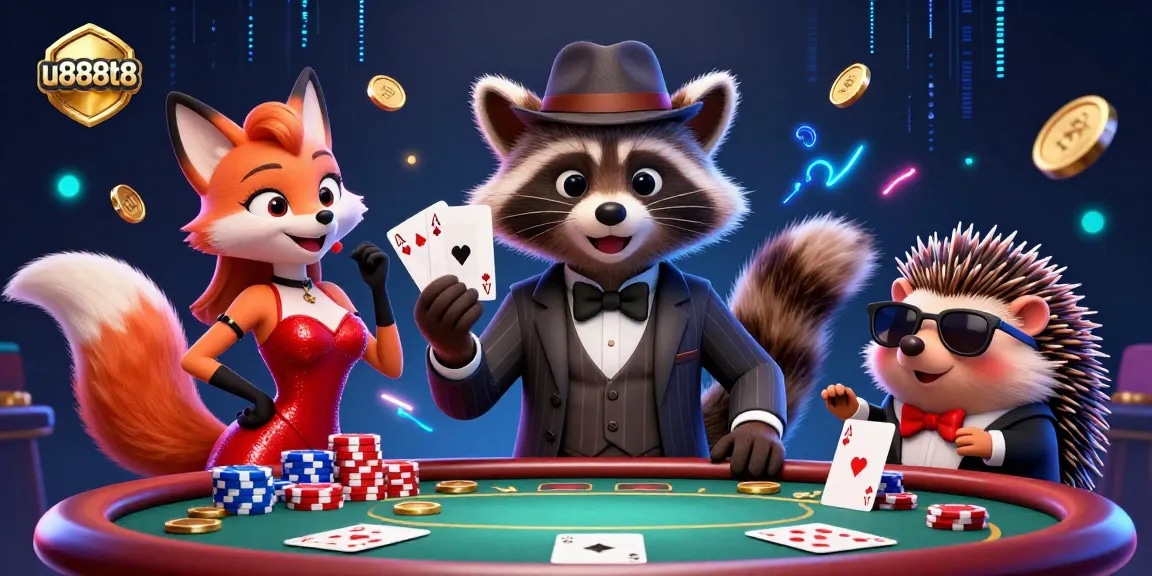 u888t8 gameplay scene with a raccoon in a suit and poker elements creating dynamic casino action.