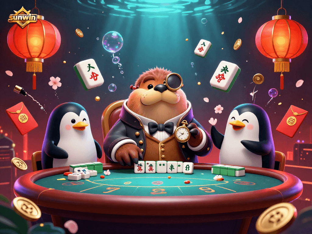 Experience the thrilling sunwin poker showdown with a jolly walrus, sophisticated dealer, and bluffing pufferfish.