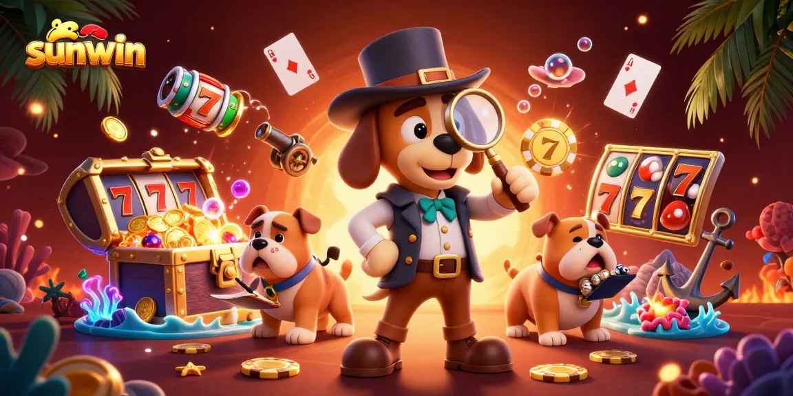 Experience thrilling gameplay with sunwin; a detective and bulldog uncovering casino treasures.