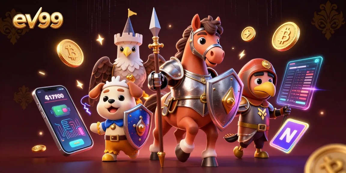Join the excitement with ev99 as a knight and puppy surround cryptocurrency elements in a vibrant casino setting.