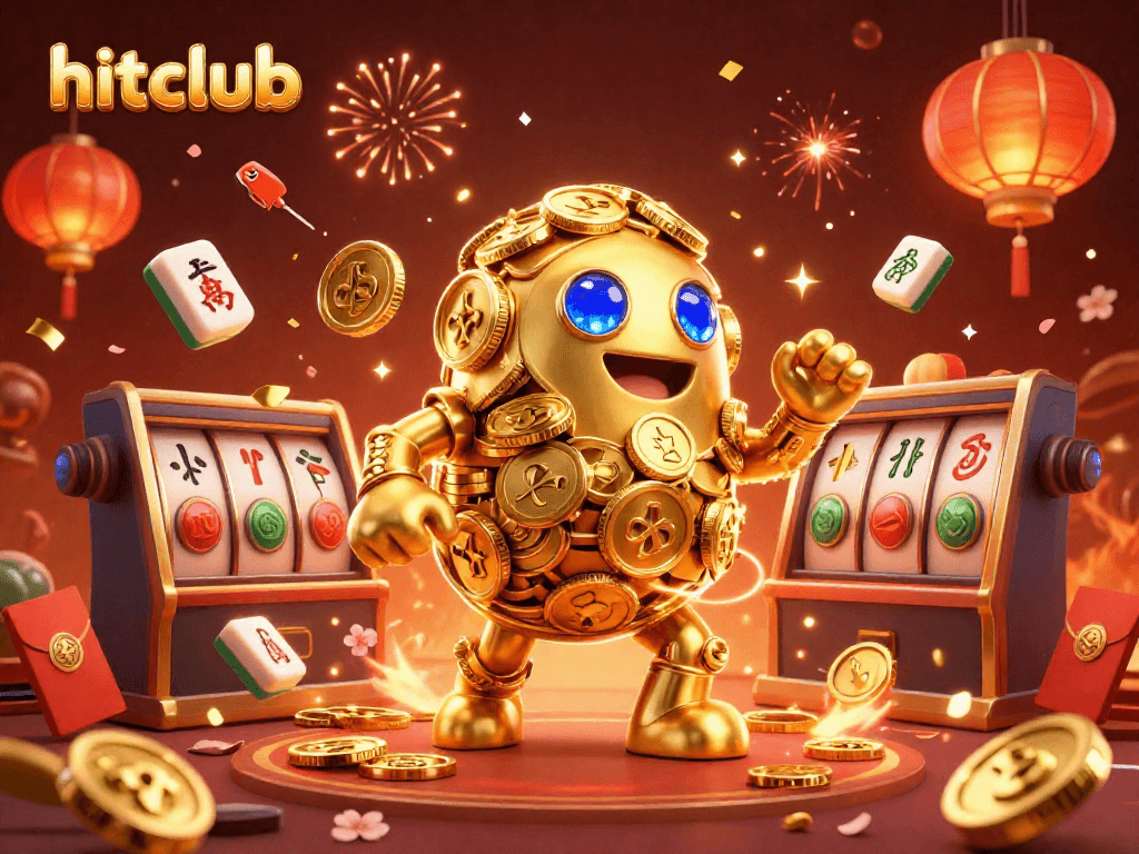 Join the excitement of hitclub with a golden golem and vibrant slot reels in this festive casino scene.