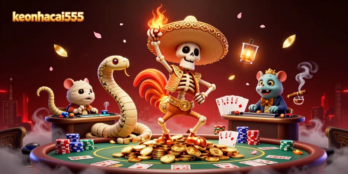 Engage in thrilling poker action with keonhacai555's vibrant casino characters in a dynamic 3D scene.
