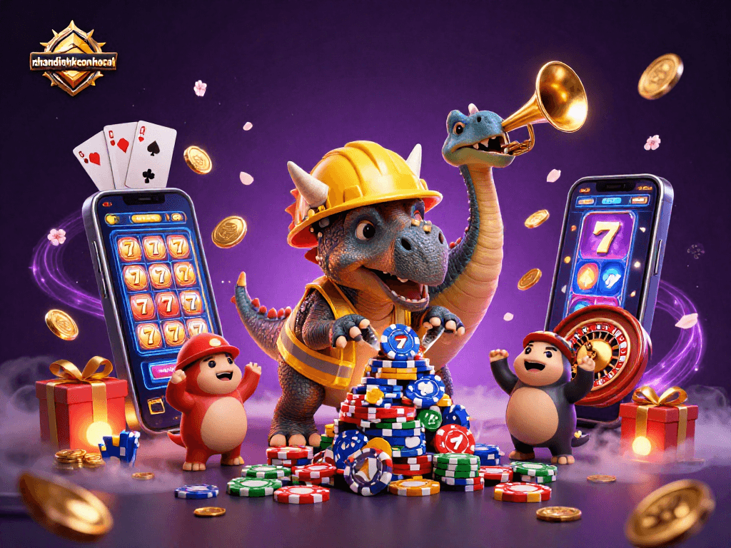 nhandinhkeonhacai celebrates with a triceratops building poker chip pyramids in a vibrant casino scene.