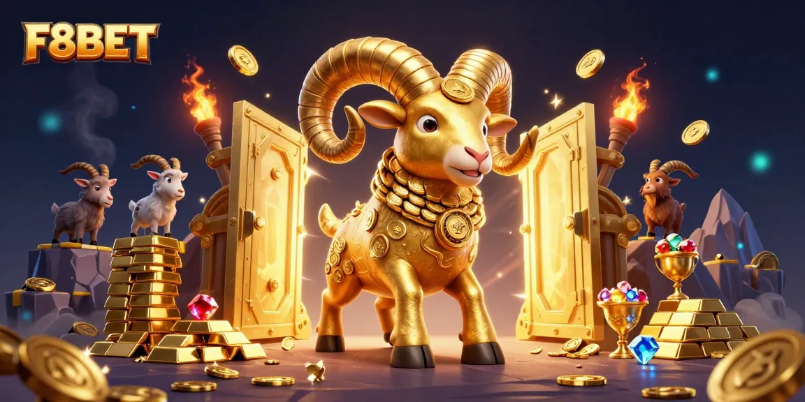 Experience F8BET's thrilling casino adventure with a dynamic golden ram charging through treasure!