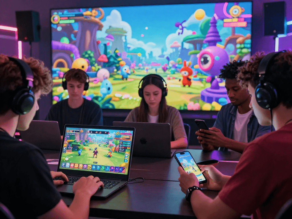 Players engaging in an interactive sex game within a colorful virtual environment filled with fantasy characters and landscapes.