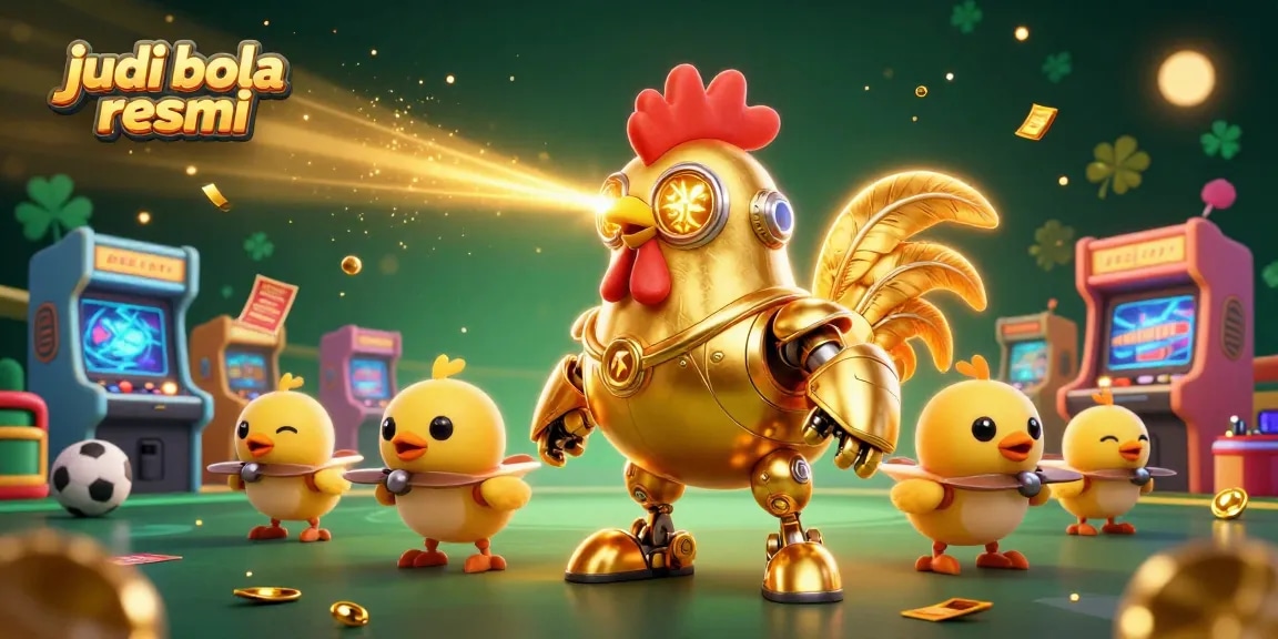 Engage in judi bola resmi betting with a futuristic golden rooster robot surrounded by vibrant gaming elements.