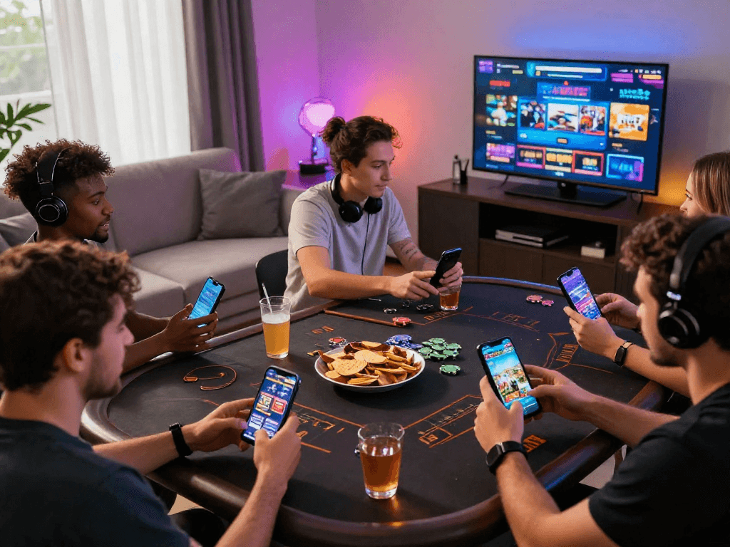 Engaging online gaming atmosphere showcasing players at home enjoying a variety of casino games, reflecting the appeal of USA casinos for UK players at https://aboutobo.com.