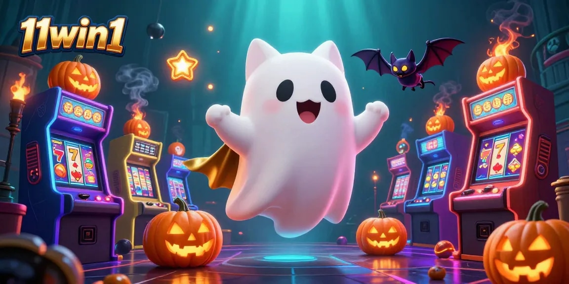 Engage with 11win1 in this vibrant haunted casino scene with a ghost cat and vampire bat.