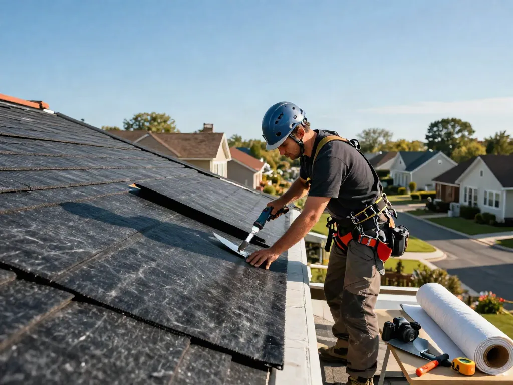 Roofer applying felt roofing on a flat roof, showcasing quality materials and expert techniques in a residential setting.