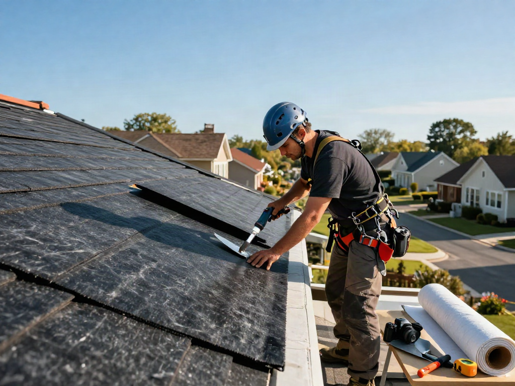 Roofer applying felt roofing on a flat roof, showcasing quality materials and expert techniques in a residential setting.