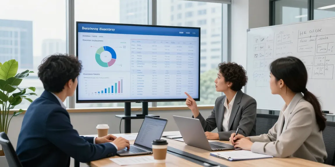 Team discussing business electricity half hourly meter data in a bright conference room