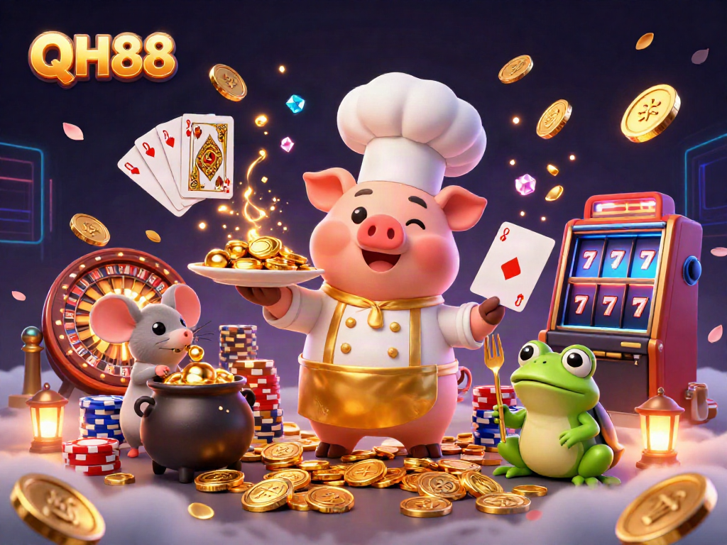 Experience thrilling gameplay with QH88 as chef pig serves golden coins in a vibrant casino setting.