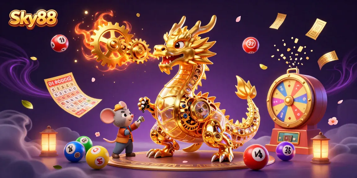 Engage with Sky88's dynamic gaming experience featuring a 3D golden dragon spewing gears and flamboyant lottery elements, exciting action.