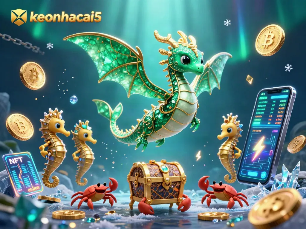 Engage with keonhacai5 underwater treasures, featuring fantasy elements of a sea dragon and cryptocurrency symbols.
