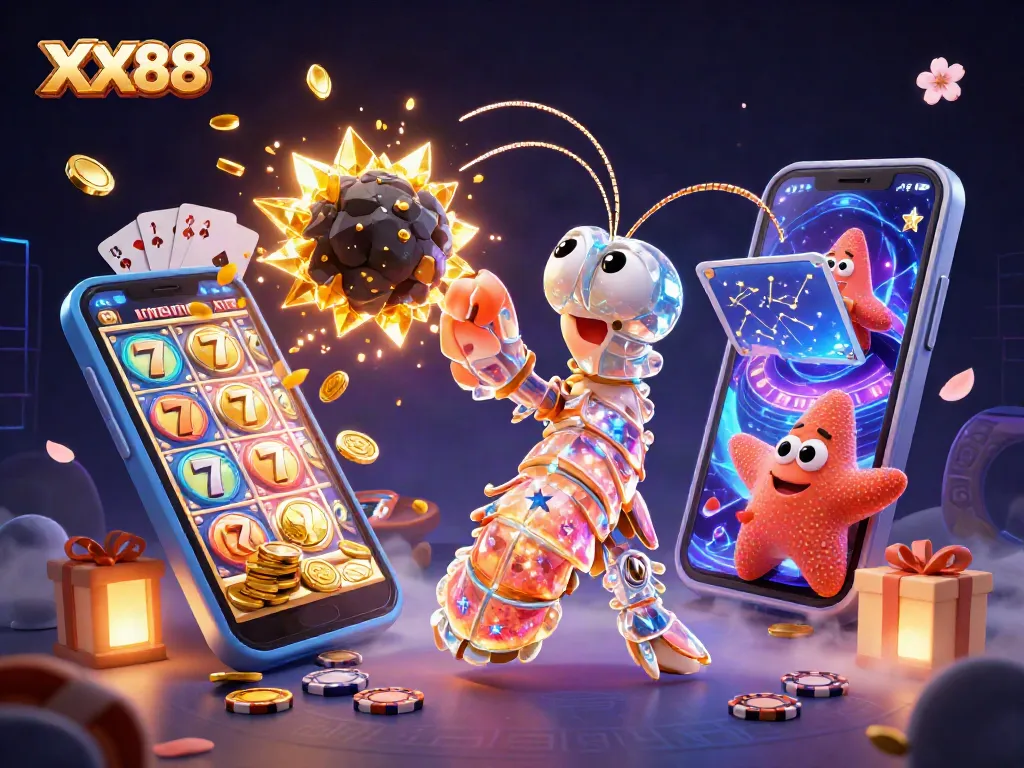 Engage with thrilling gaming at XX88 with vibrant slot games, golden coins, and energetic characters.