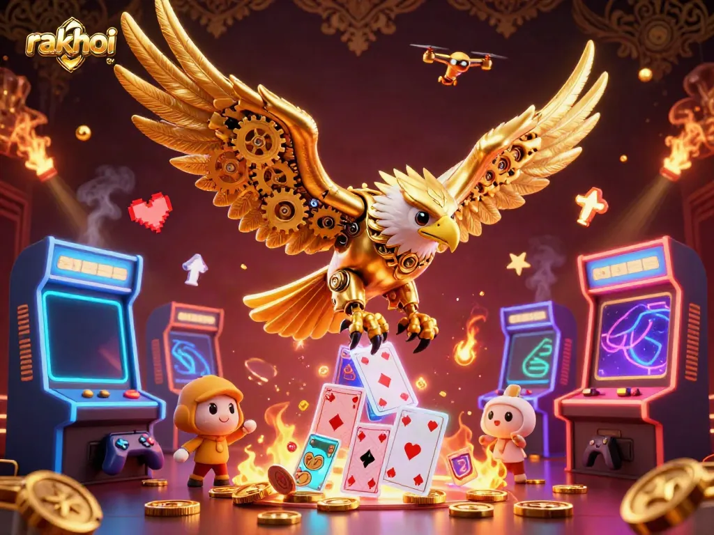 Experience riveting gameplay and excitement with rakhoi tv featuring a cybernetic eagle amidst vibrant casino elements.