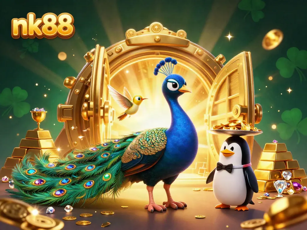 Experience rich casino excitement with nk88 through a vibrant 3D illustration teeming with gems and gold.