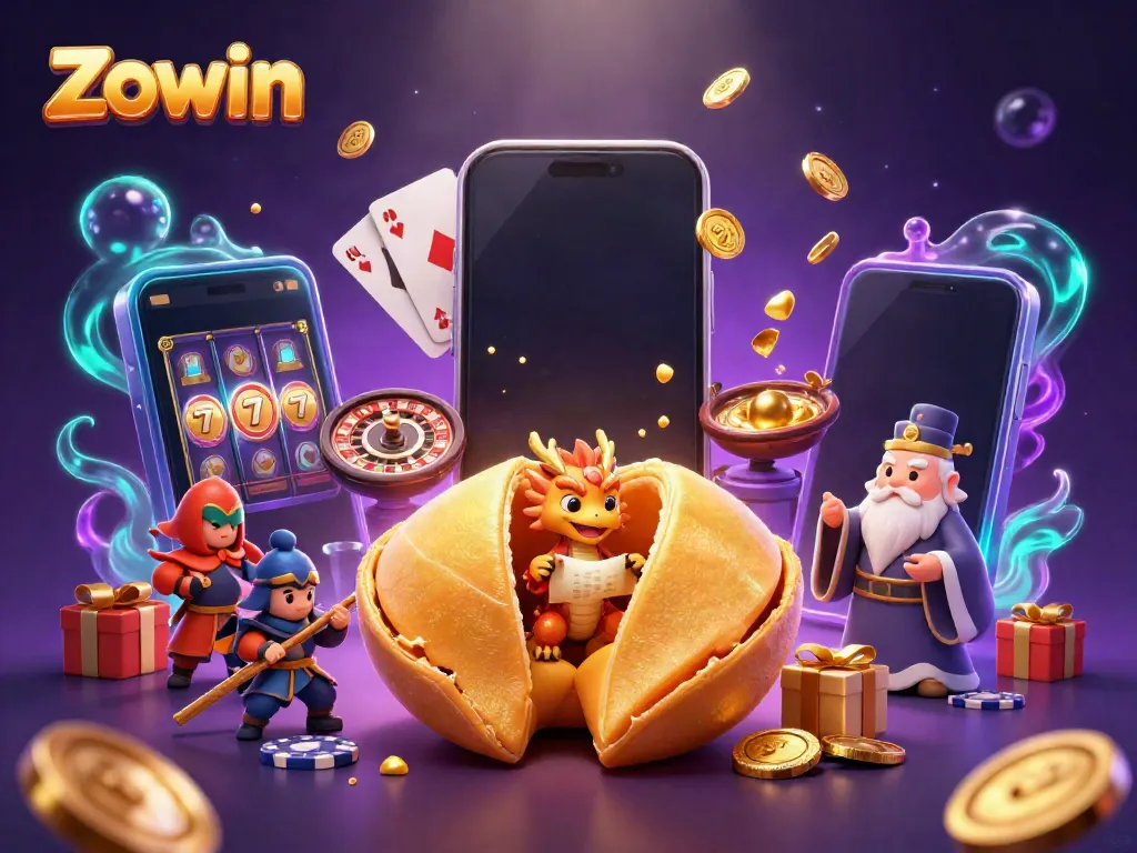 Experience captivating Zowin gaming thrills with a detailed dragon, fortune cookie, and slot games.