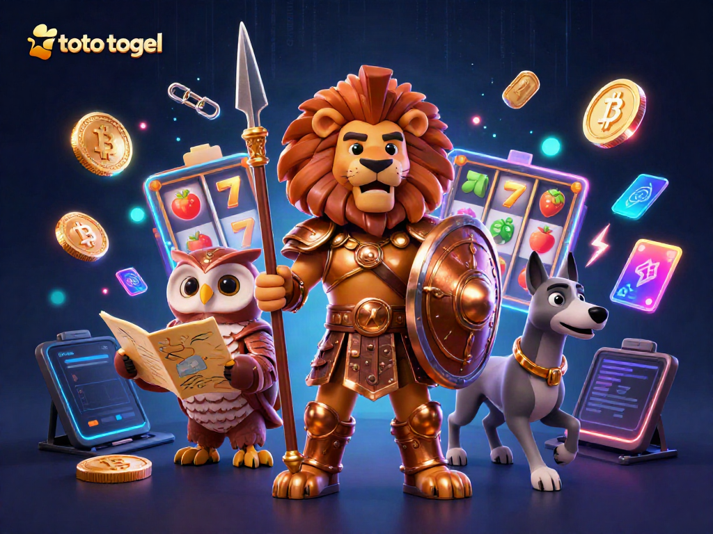 Experience the excitement of toto togel with a dynamic illustration featuring a Spartan lion, owl strategist, and greyhound messenger in a casino backdrop.