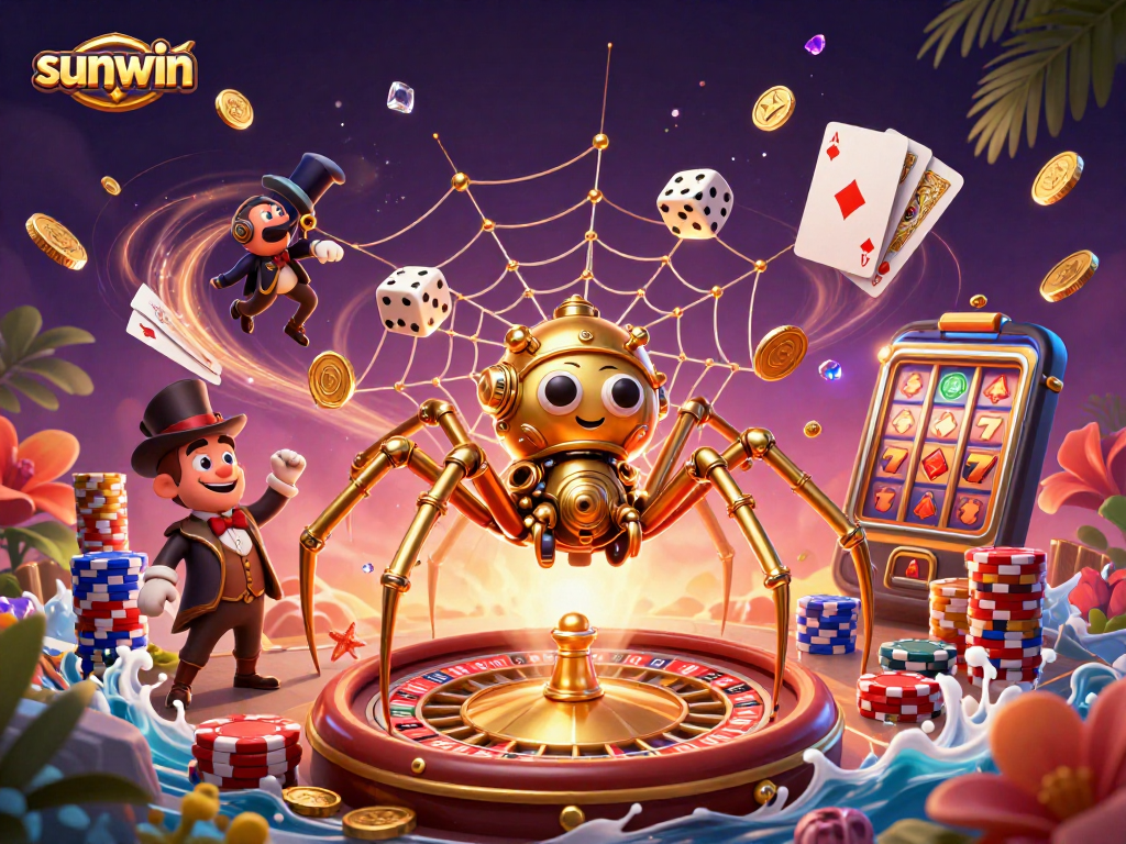 Sunwin gaming illustration showcasing a steampunk spider and Victorian fly gentleman amidst casino elements and golden treasures.