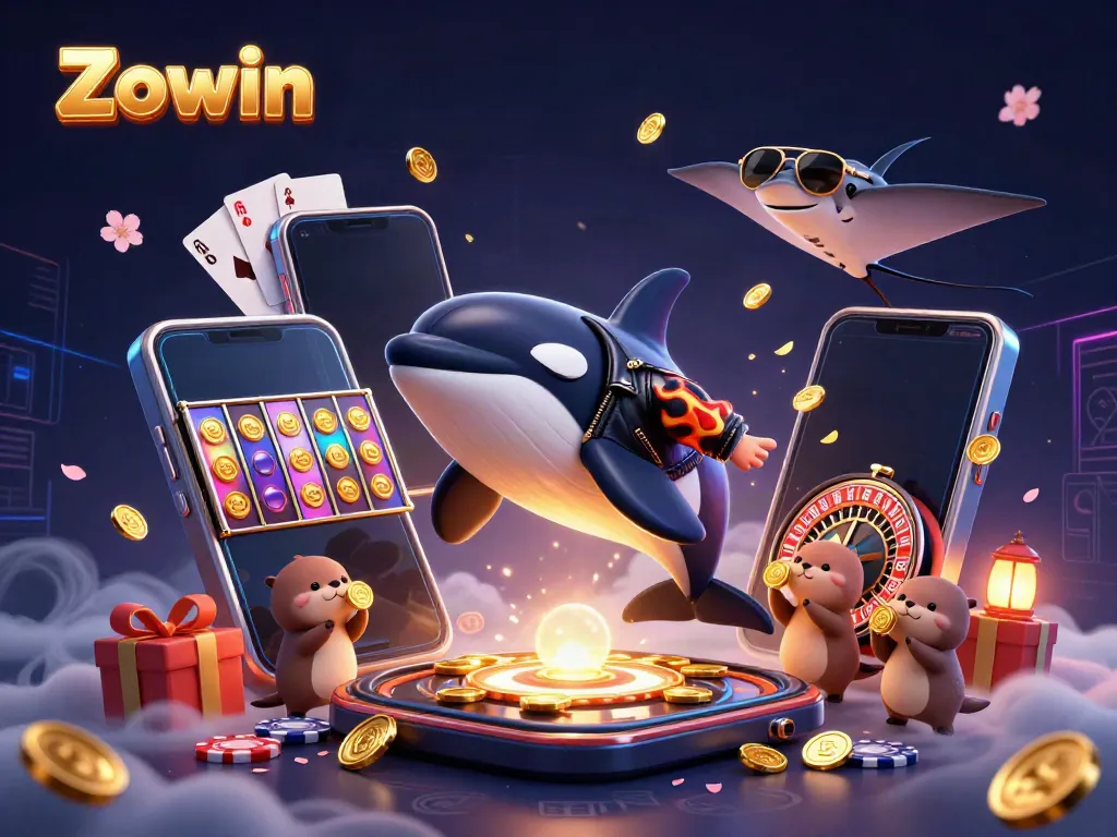 Zowin creates an exciting scene with an orca whale, stingray, and sea otters amidst dynamic casino elements.