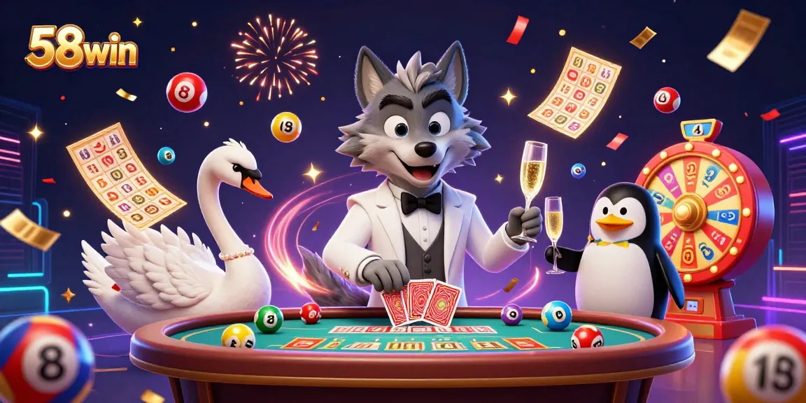 Engage with 58win's vibrant casino energy, illustrated with a debonair wolf, elegant swan, and sophisticated penguin.