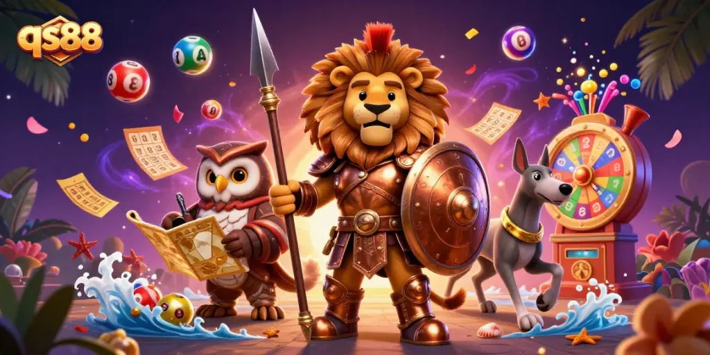 Engage with qs88's vibrant casino experience, featuring a heroic lion and dynamic lottery elements.