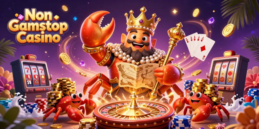 Engage with the exciting world of Non Gamstop Casino showcasing a regal crab emperor amidst vibrant casino elements.
