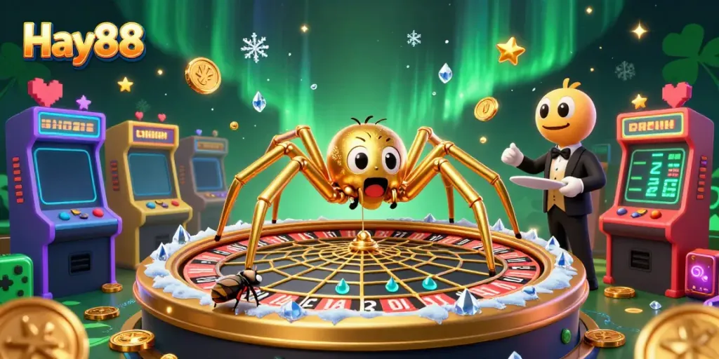 Engage with Hay88's vibrant gaming scene, featuring a golden spider spinning a roulette web.