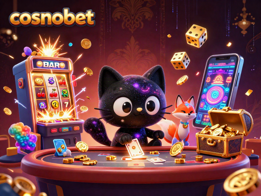 Experience cosmobet's excitement with a captivating cosmic casino scene featuring dazzling games and characters.